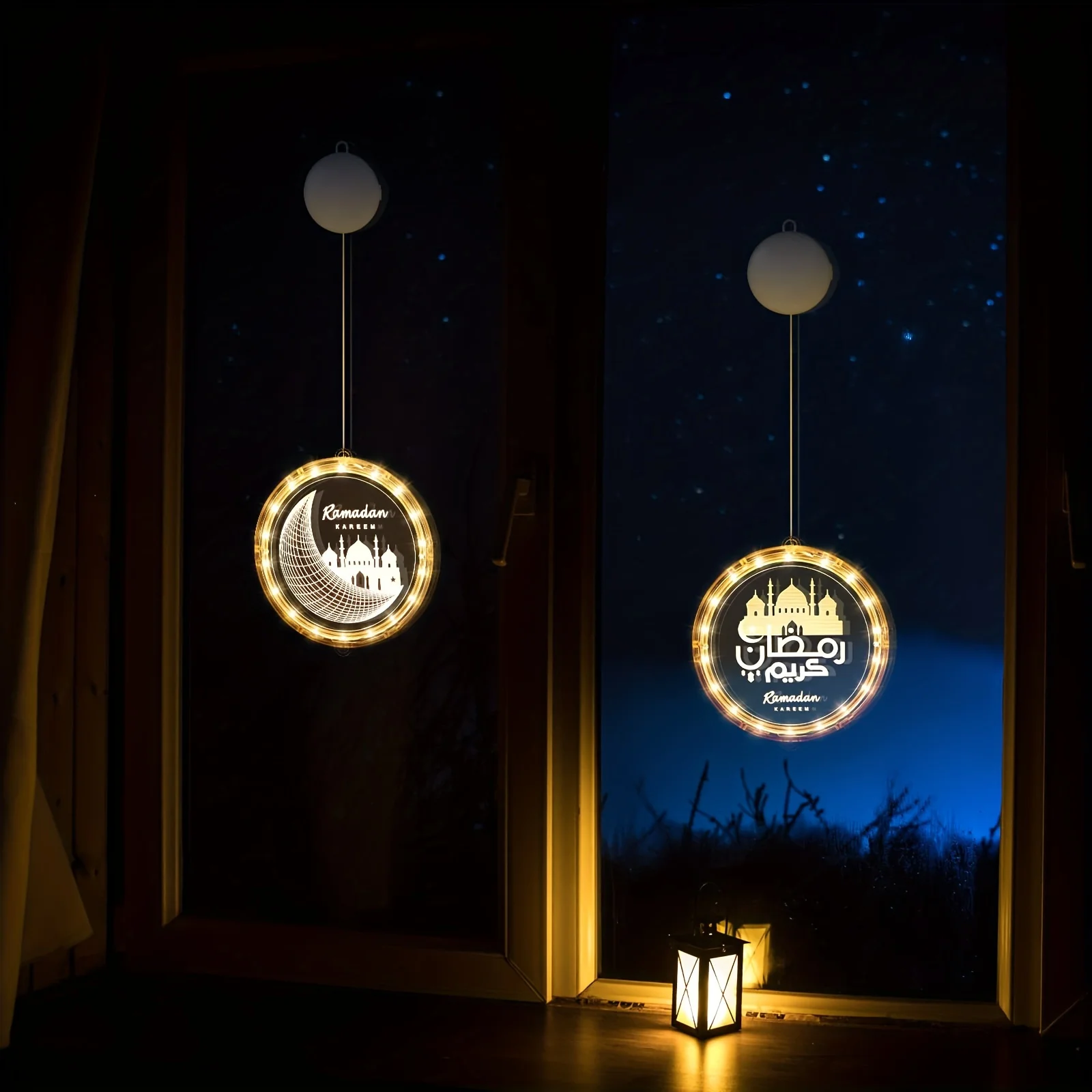 Eid Ramadan Decorative Window Lights Moon Star LED Lights Ramadan Lights Decorations for Eid Mubarak Xmas Eve Wall Pathway Patio
