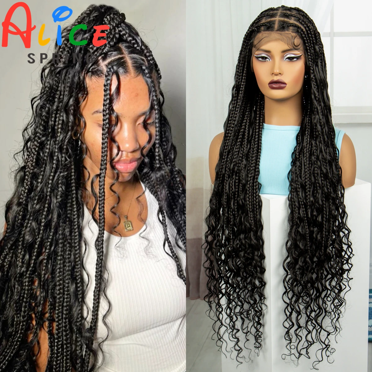 Natural 38 Inch Synthetic Braideds Wigs Full Lace Knotless Box Braided Wigs Deep Wave Braided Lace Wigs for Women with Baby Hair