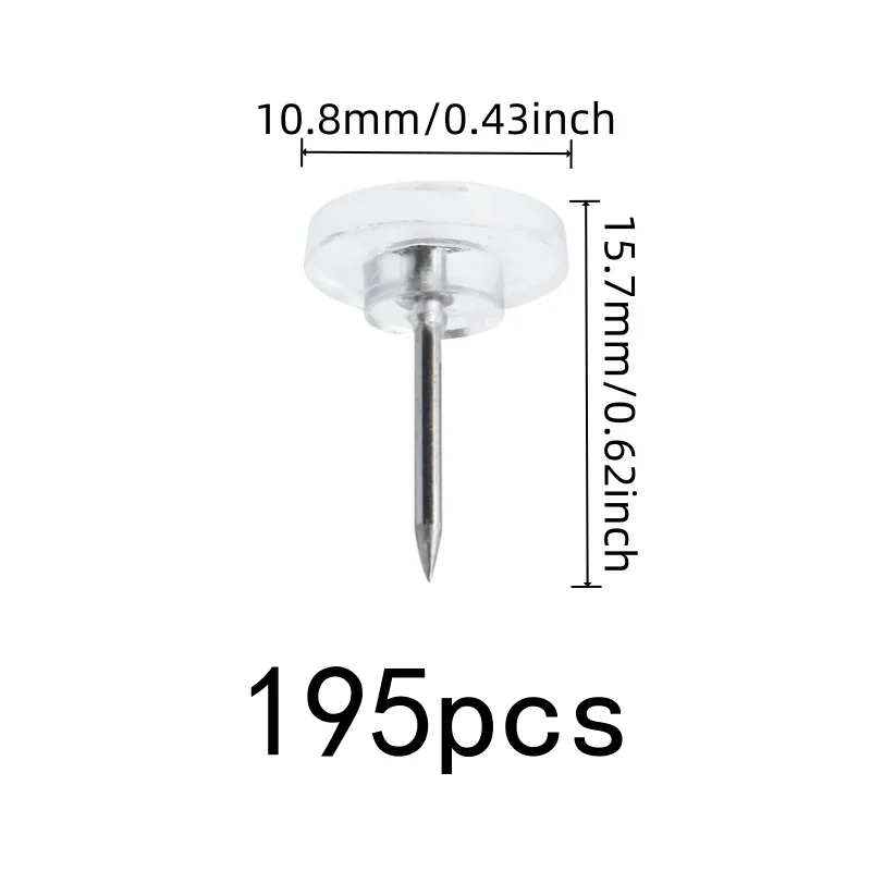 195 pcs Clear Flat Thumb Tacks, Easy Push Sharp Pin, suitable for Photo Picture Pinning, Transparent Flat Head