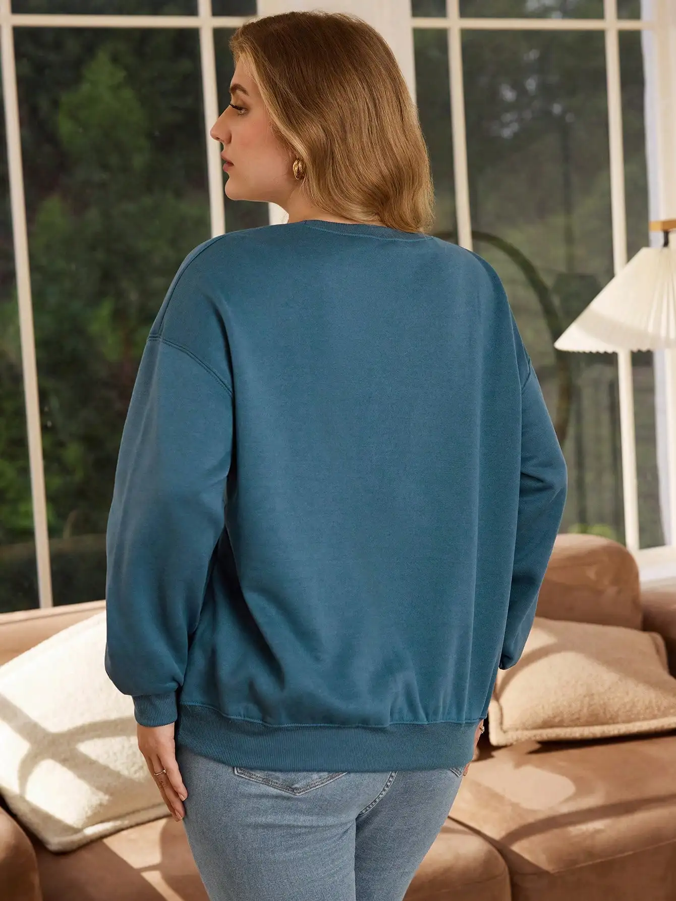 เสื้อสเวตเชิ้ตสีเขียวอมฟ้าขนาดพลัสไซส์สำหรับผู้หญิง เสื้อแขนยาวลำลองสวมใส่สบายสำหรับฤดูใบไม้ร่วงและฤดูหนาว