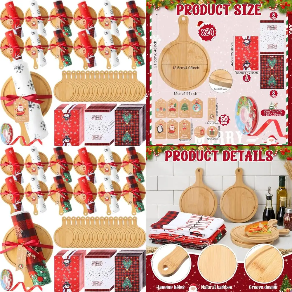 

Массовый рождественский подарочный набор из 99 предметов: 24 деревянных доски для пиццы, 24 праздничных полотенца, 50 праздничных бирки, лента