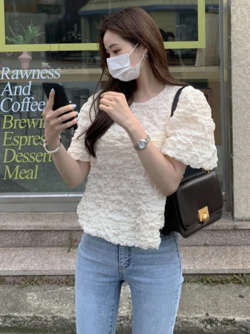 Csa Bubble 3D Retro Fena, Estilo Chic, Sensação de Alta Qualidade, Top de Manga Curta, Csa Versátil e Anti-Envelhec...