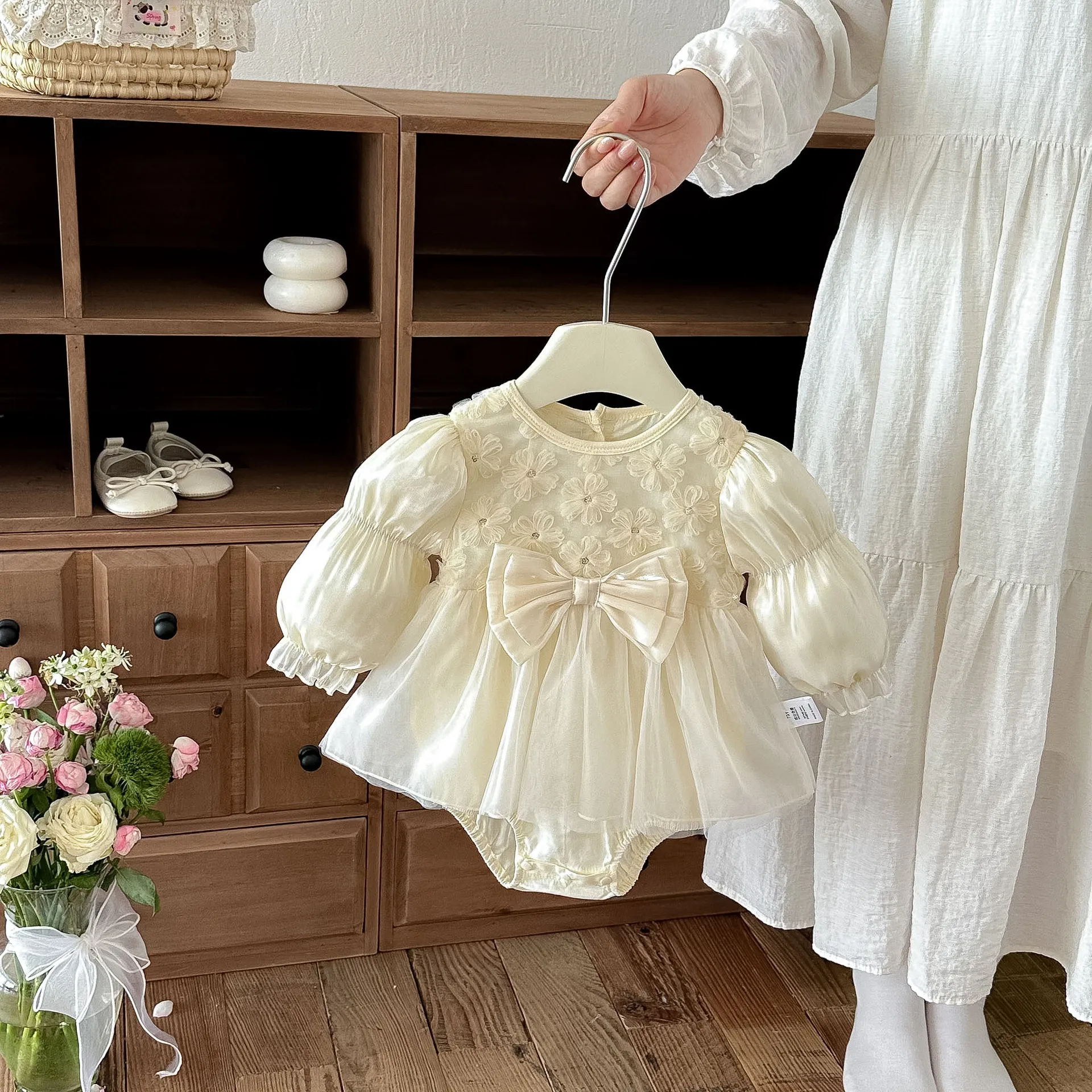 Baby Girls Clothes Autumn Baby Long Sleeve One-piece Bodysuit Princess Three-dimensional Flowers Romper Dress