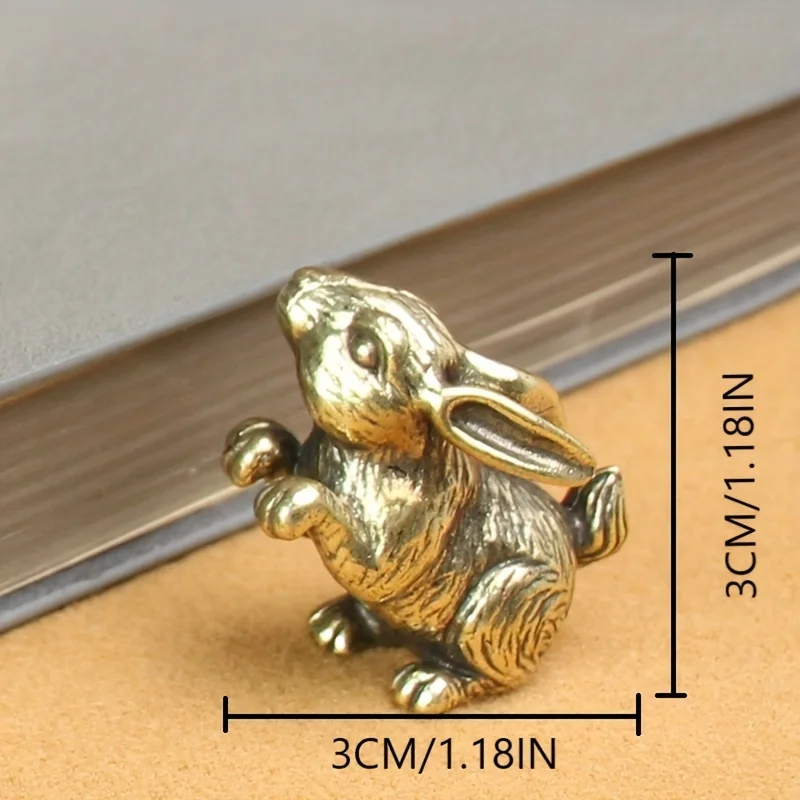 Vintage Messing Hasen-Schlüsselanhänger Chinesisches Tierkreiszeichen Hasenfigur Reines Kupfer Handgefertigter Autoschlüsselring Schreibtisch-Deko Anhänger – Detail 3
