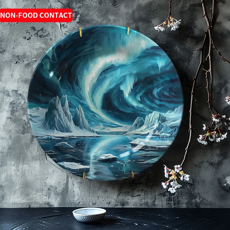 Plato Decorativo de Cerámica Nórdico con Diseño de Aurora Boreal, Color Azul Verde, Arte de Montaña y Iceberg, Decoración de Pared para el Hogar, No Apto para Alimentos