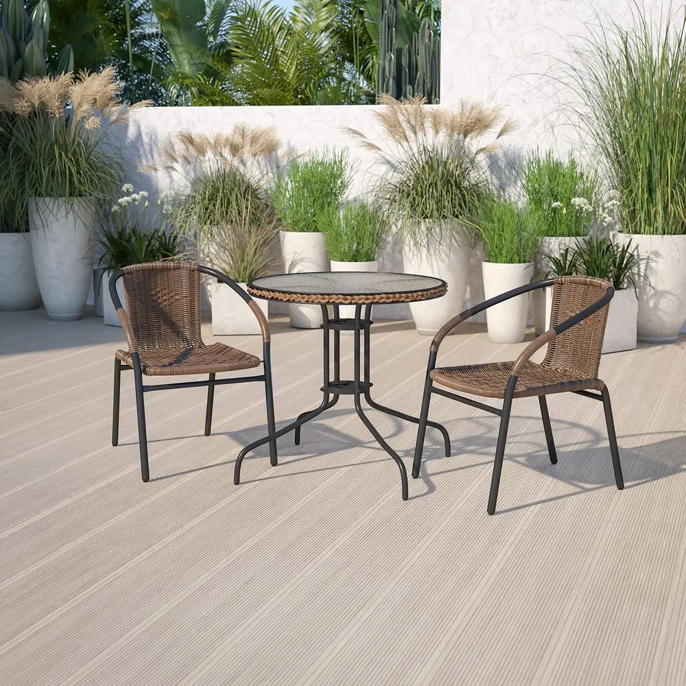 Lila 28 Round Glass Metal Table with Dark Brown Rattan Edging and 2 Dark Brown Rattan Stack Chairs