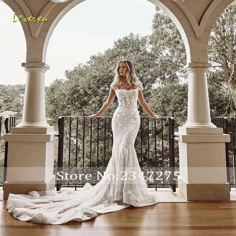 Loverxu Meerjungfrau Sexy Brautkleider Spaghetti-trägern Vestido De Novia Spitze Stickerei Abnehmbarer Zug Nach Maß Brautkleid