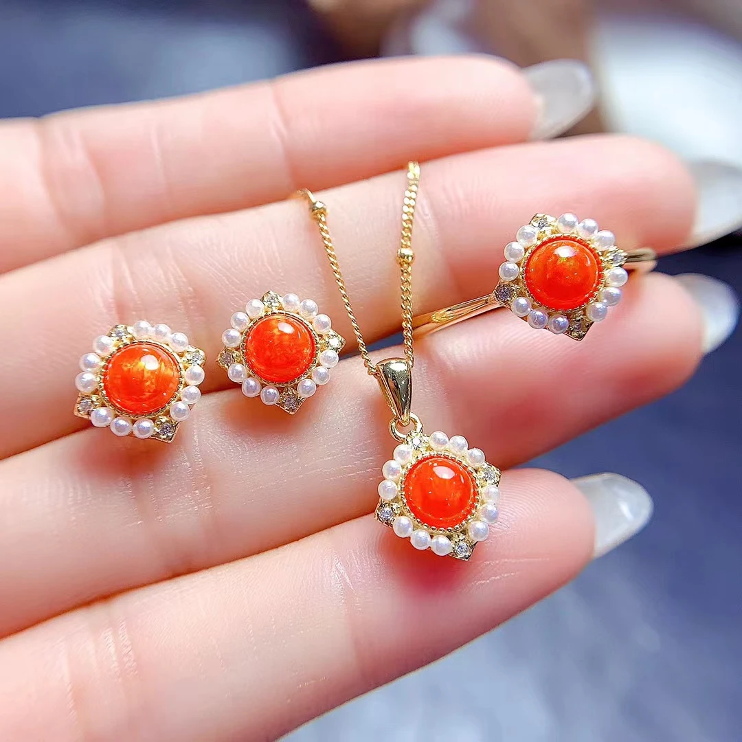 

MeiBaPJ 5mm Natural Fire Opal Fashion Ring Earrings Pendant Necklace Fine Jewelry Set for Women Real 925 Silver 3-Pieces Suite