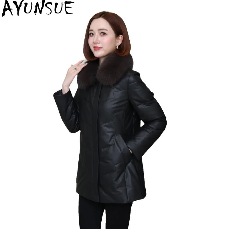 AYUNSUE peau de mouton véritable veste en cuir femmes vêtements d'hiver col de fourrure de renard 2025 chaud blanc duvet d'oie manteau femmes vêtements