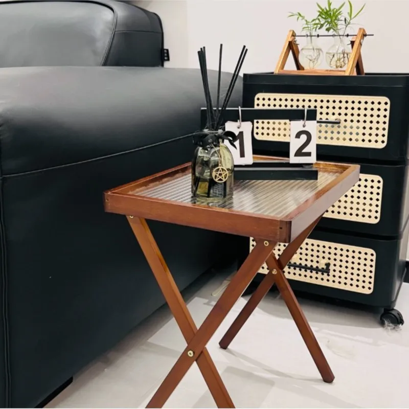 Multi functional folding portable storage rack, acrylic tabletop, corner table, natural bamboo, easy to use tray