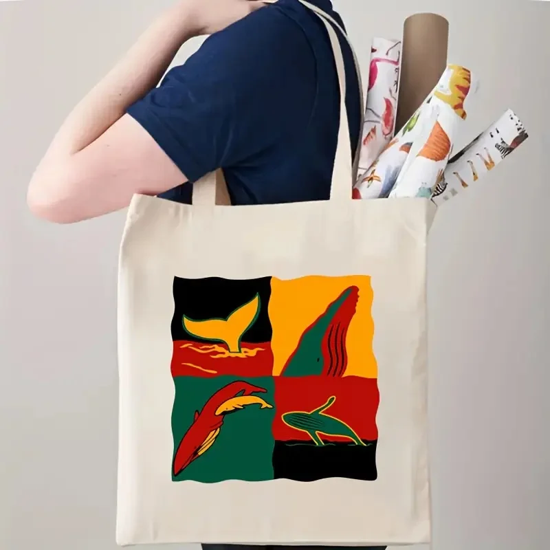 

Retro Whale Print Canvas Tote Bag Colorful Ocean Animal Shoulder Bag Reusable Eco Friendly Tote for Art Lovers