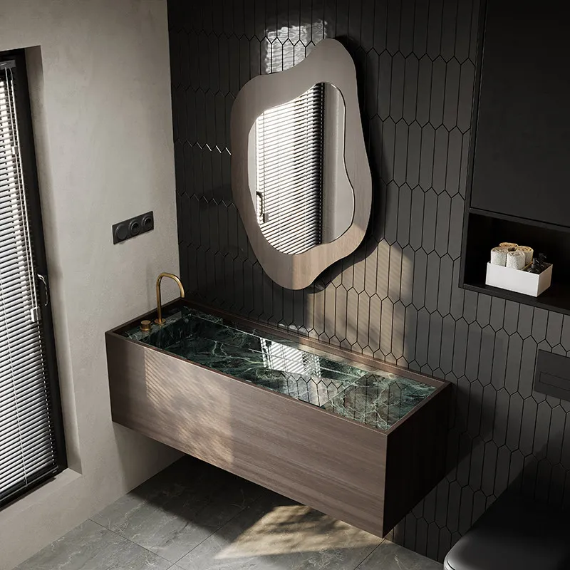 Rock slab integrated seamless basin bathroom cabinet hotel villa light luxury high-end hand and face washing table single and do