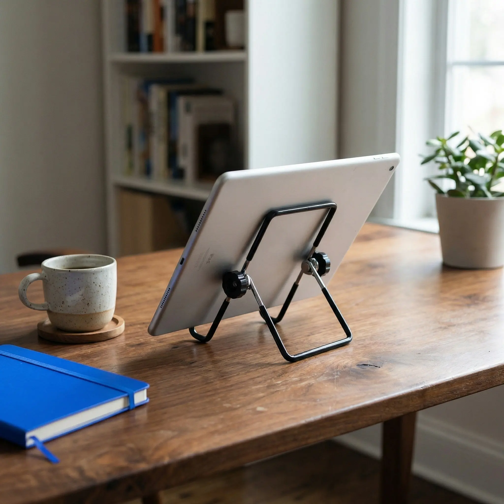 Portable Foldable Tablet Stand Black Aluminum Alloy Desktop Holder for Landscape and Portrait Viewing