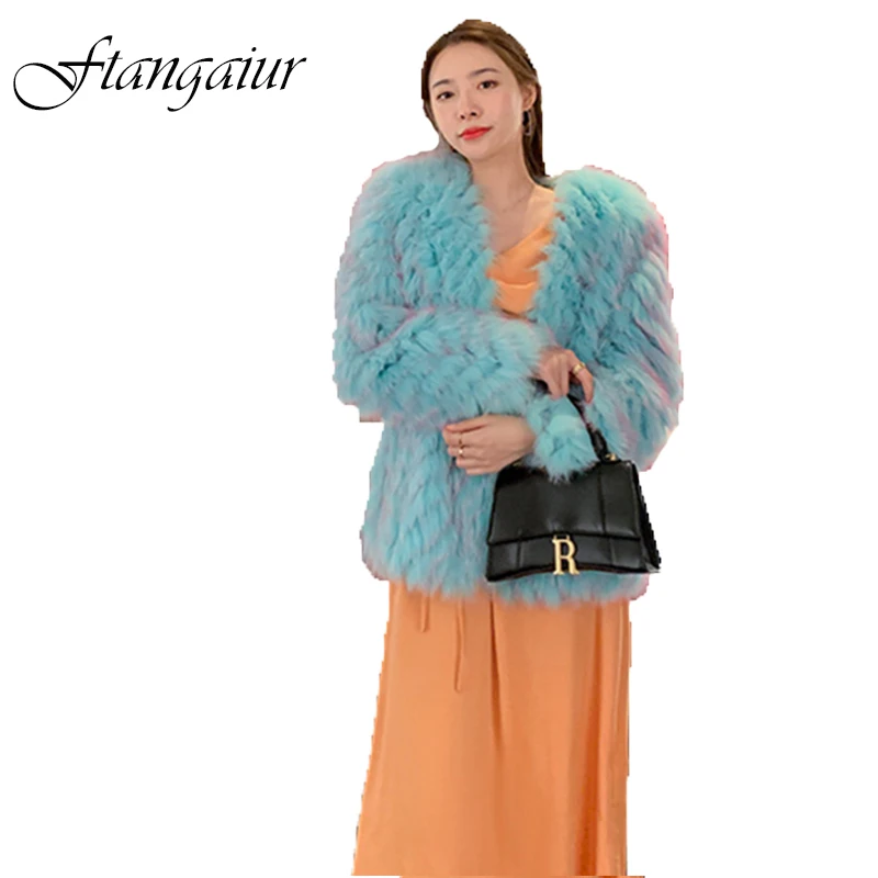 

Ftangaiur New Winter Import Fox Coat Women O-Neck Colorful Lake Blue Weave Loose Fox Coats Short Natural Real Fox Fur Coats