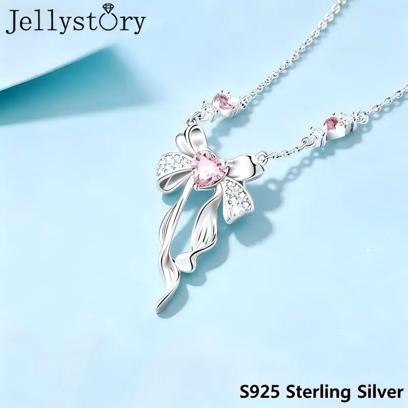 S925 Sterling Silver Sweet Dream Bow Necklace for Women Niche Light Luxury Heart Pendant Clavicle Chain Gift for Girlfriend
