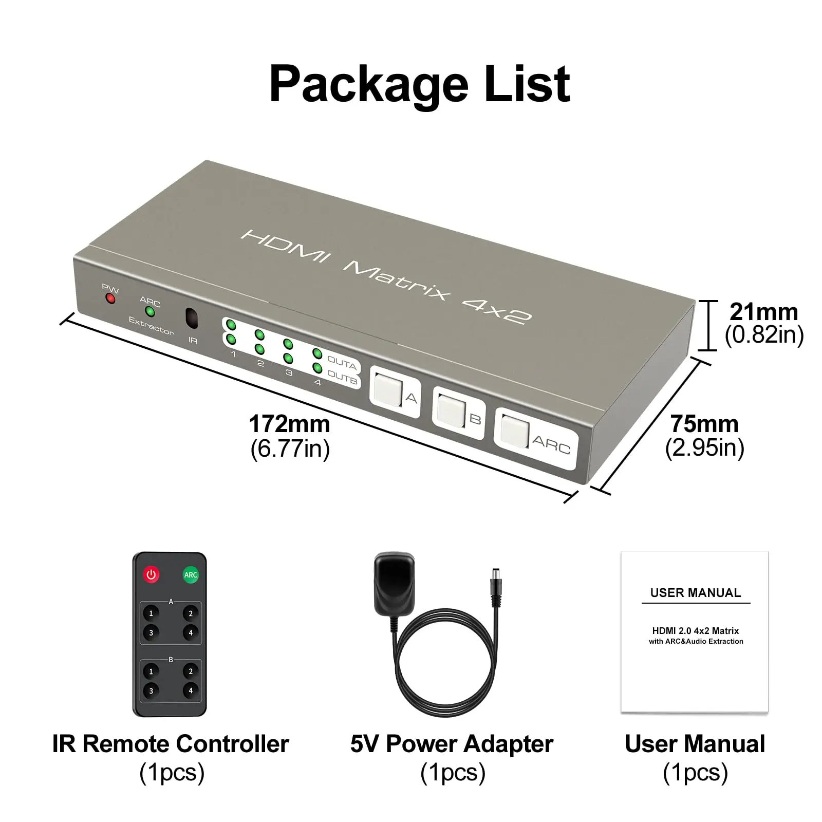 HDMI Matrix Switcher 4K @ 60Hz HDMI 2.0b Switch 4 in 2 Out Splitter with Optical and 3.5 mm AUX Audio Output Support EDID HDCP2.