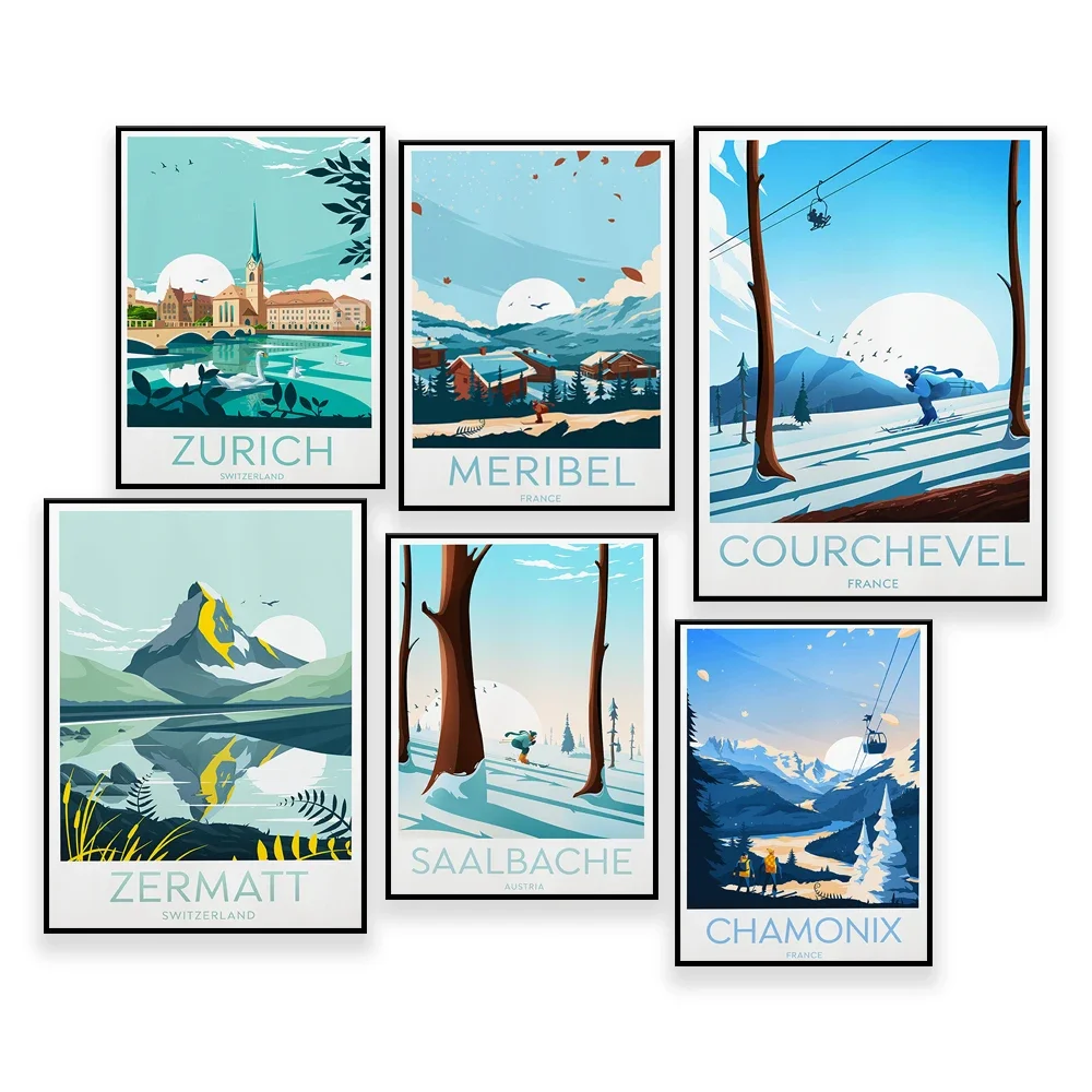 Courchevel,Meribel ,Zurich,Val d'isere,Les Arcs,Tignes,Chamonix,Saalbache Ski,Zermatt travel print