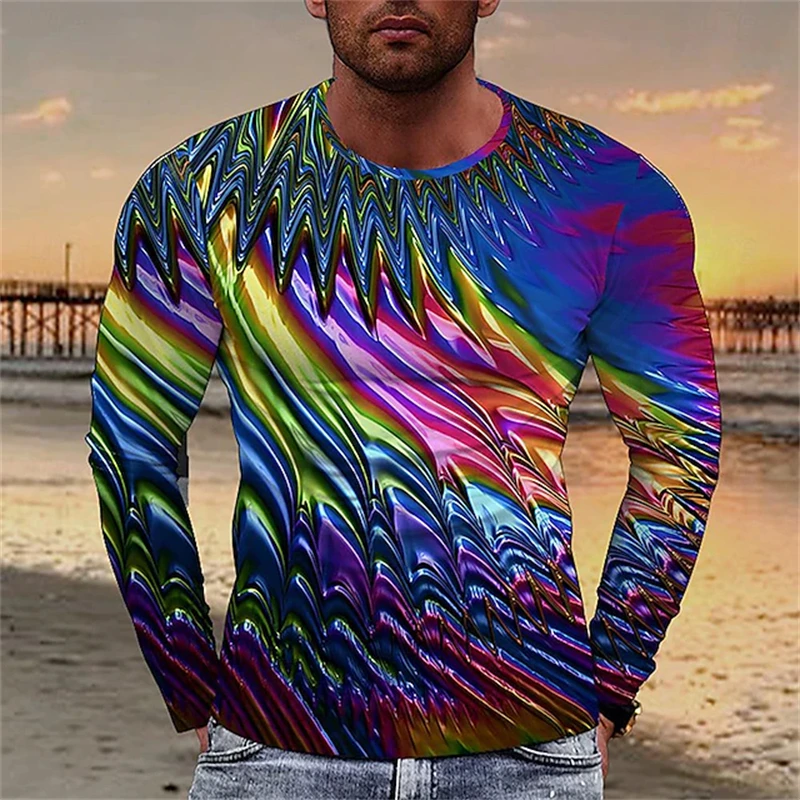 3D Psychedelic Graphic Print TShirt Men Long Sleeve Tees Tops Summer Funny Visual Feast Abstract Creativity Art Print T-Shirt