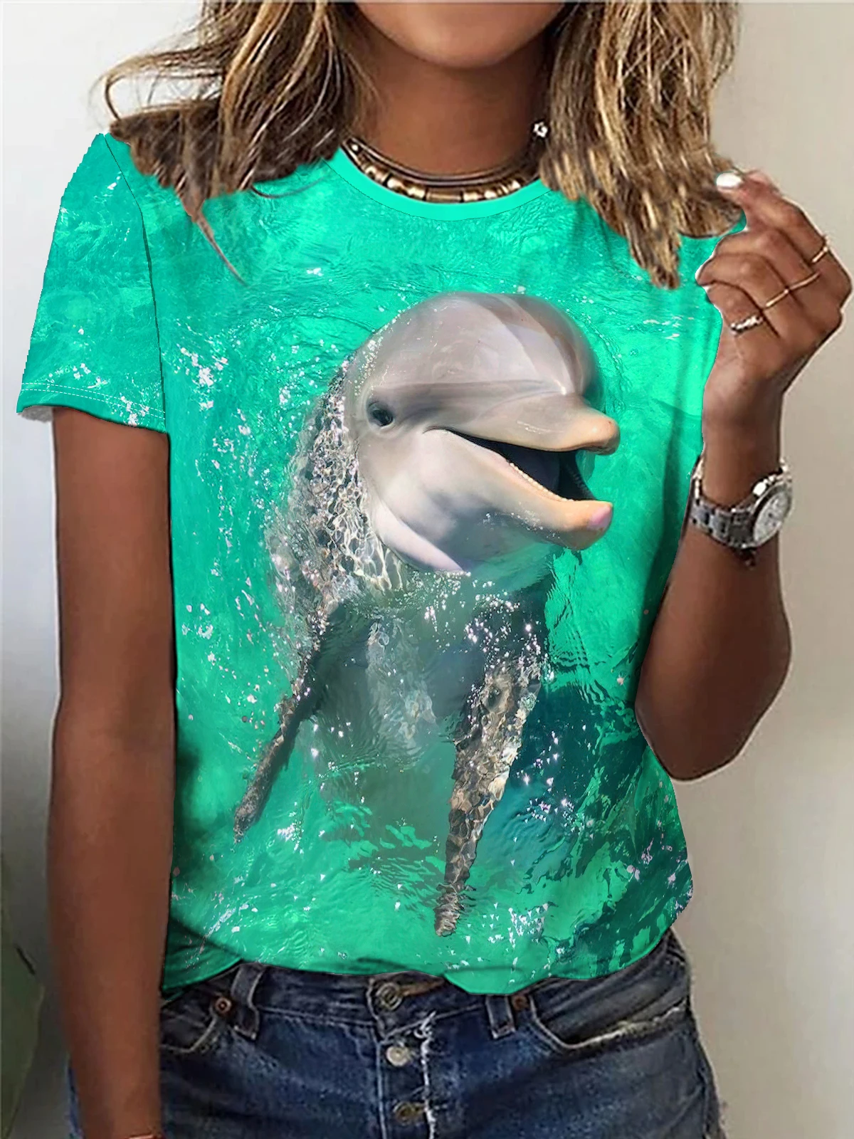 Dolphin Print Crew Neck T-Shirt Casual Short Sleeve Top For Spring & Summer Women\'s Clothing