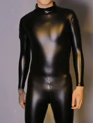 S-4XL Unisex Faux Latex Catsuit Elastic PU Leather Zipper Open Crotch Bodysuit Tight Cosplay Conjoined Sexy Bodystocking Leotard