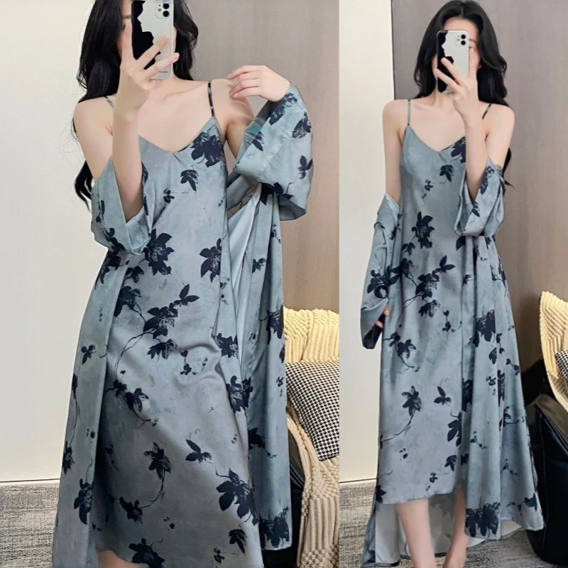 

Twinset Spring Summer Robe Gown Sets Print V-Neck Women Silky Satin Bathrobe Kimono Nightgown Sleep Suit Sleepwear Loungewear