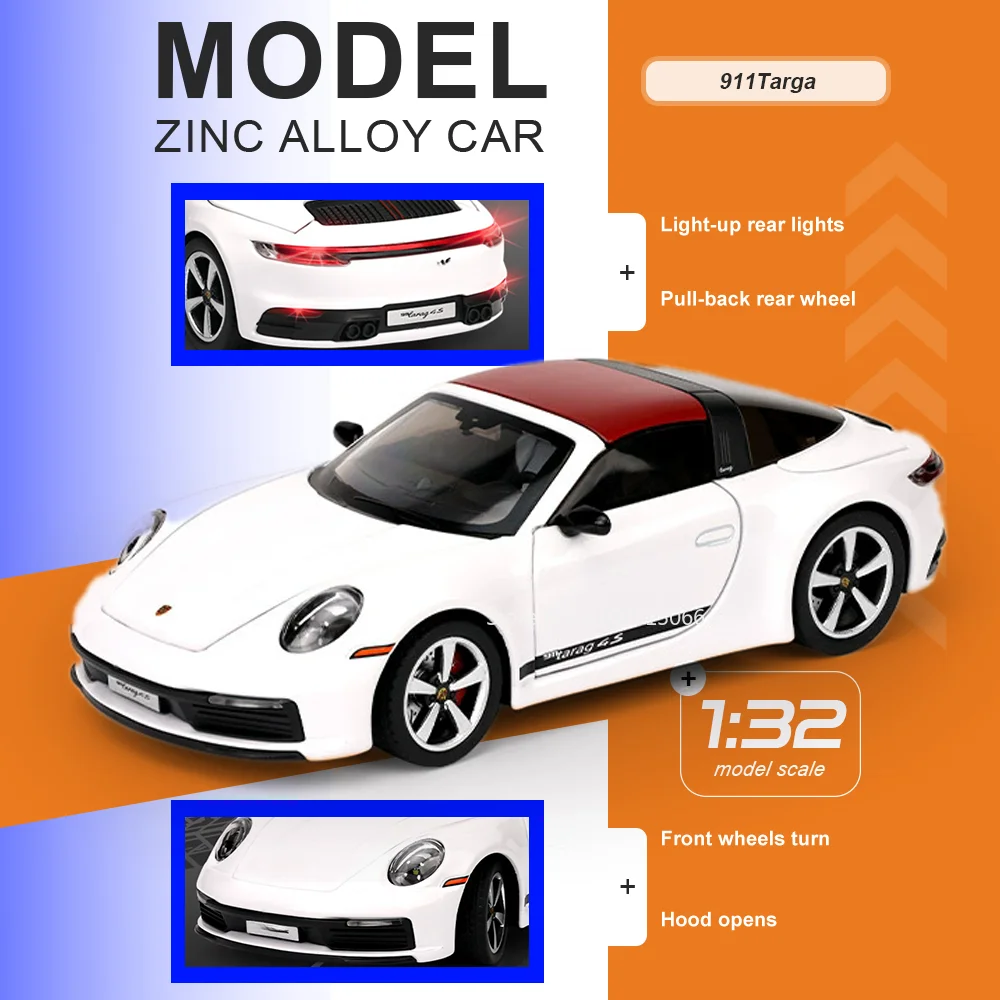 

1:32 911 Targa Macan Diecast Alloy Model Toy Miniature Car Door Opened Sound Light Rubber Tire Vehice Birthday Gift for Children
