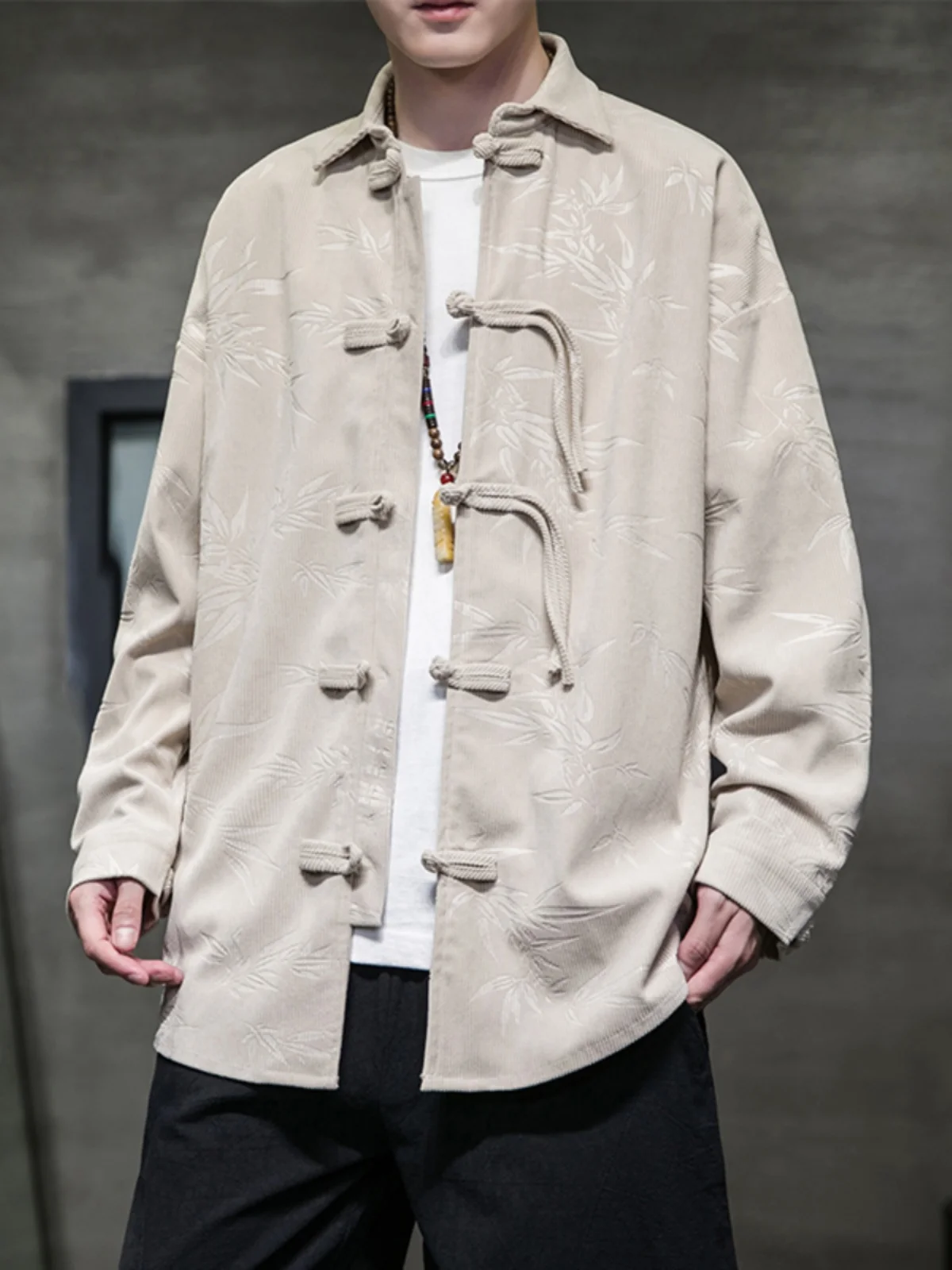 Retro Chinese Style Long Sleeve Shirt Men's Early Autumn Corduroy Jacket with Button Design Fashionable Printed Casual Top