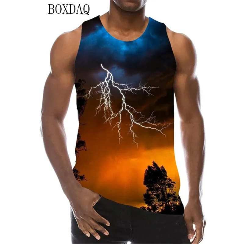 Lightning Tank Top For Men's 3D Print Natural Sleeveless Pattern Beach Tops Scenery Graphic Tree Gym Sporty Vest Plus Size 5XL