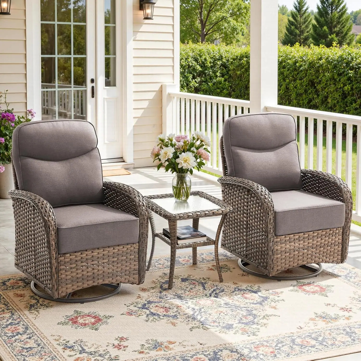 

Роскошный комплект для отдыха на открытом воздухе из 3 предметов с подушками толщиной 6 дюймов, уличными вращающимися креслами-качалками с высокой спинкой и приставным столиком, на заказ