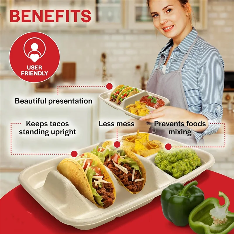 

Разделенные бумажные тарелки ABFI для 2 тако и 2 стороны — упаковка 50 одноразовых держателей для тако Fiesta, подставки для тако в комплекте