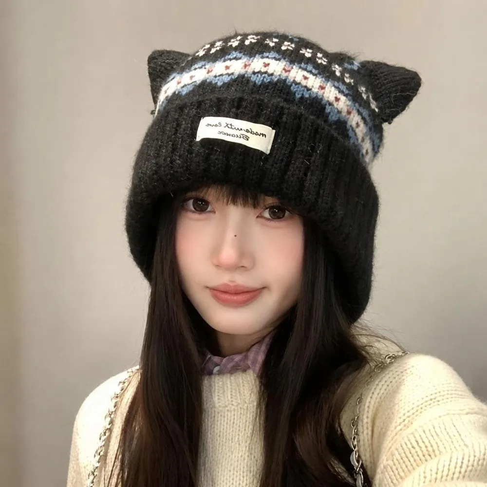 Casual Cat Ear Knitted Woolen Cap Windproof Thickened Ear Protection Cap Keep Warm Fell Island Style Strap Beanie Hat Winter