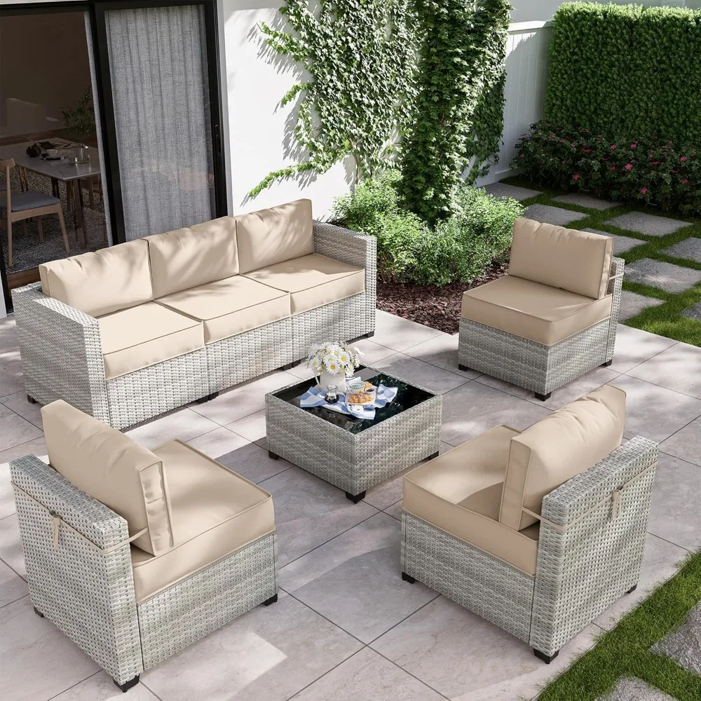 7-Piece Outdoor Patio Furniture Set,Gradient Wicker Sectional Sofa, Modular Wicker Patio Conversation Set, Garden Furniture Sets