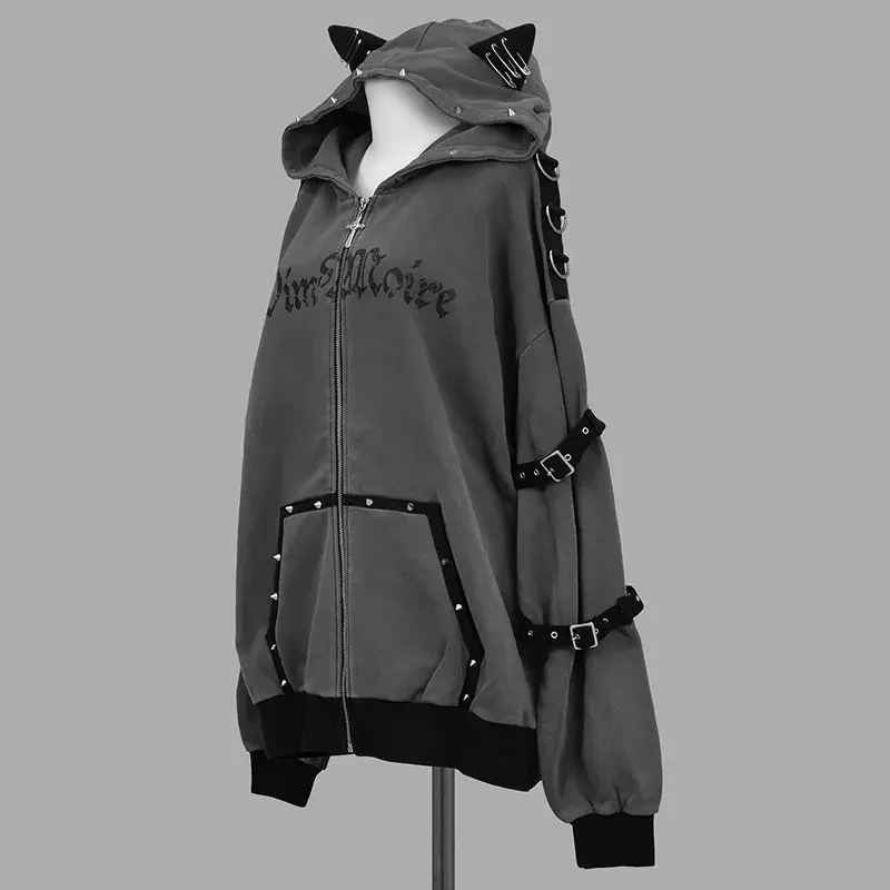Harajuku Streetwear Retro Jassen Met Capuchon Japanse Klinknagel Print Casual Rits Jas Vrouwen Hoodies Kleding Punk Sweatshirts Mode