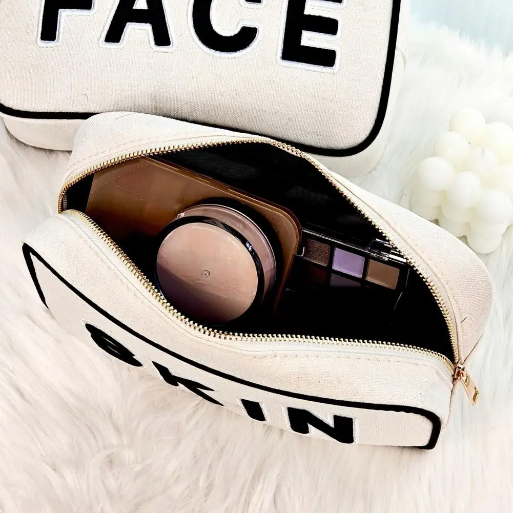 Makeup Travel Case Stylish Letter Print Cosmetic Bag with Capacity for Makeup Brushes Lotions Handheld Bag for Eye Shadow