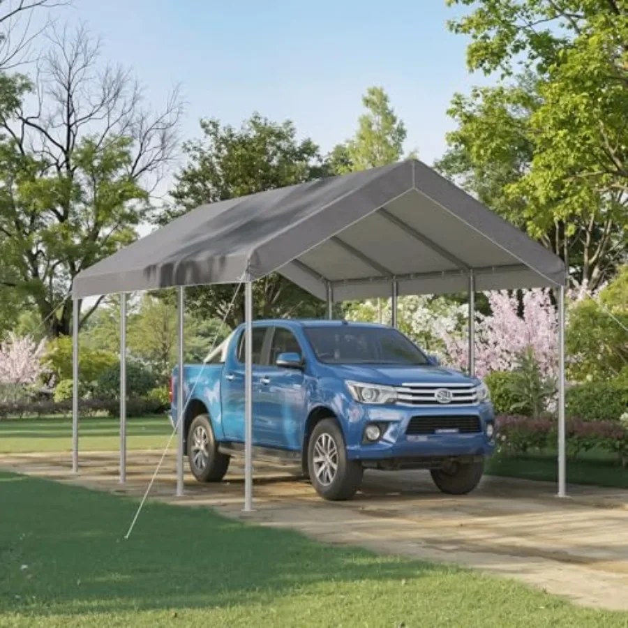 10x15 ft Heavy Duty Carport for Outdoor Vehicle Shelter, Steel Frame with Gray Powder-Coated Finish, Adjustable Height Portable