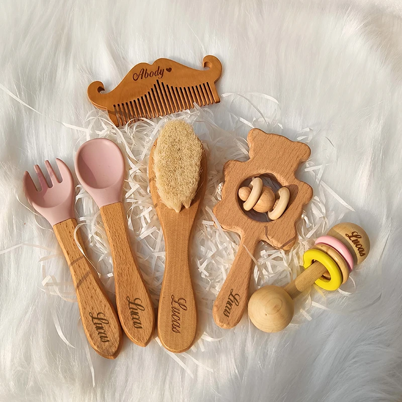 Personalized Name Beech Wooden Silicone Spoon Fork Set Baby Sensory  Learning Toy Custom Newborn Baby Hair Brush Kids Gift Set