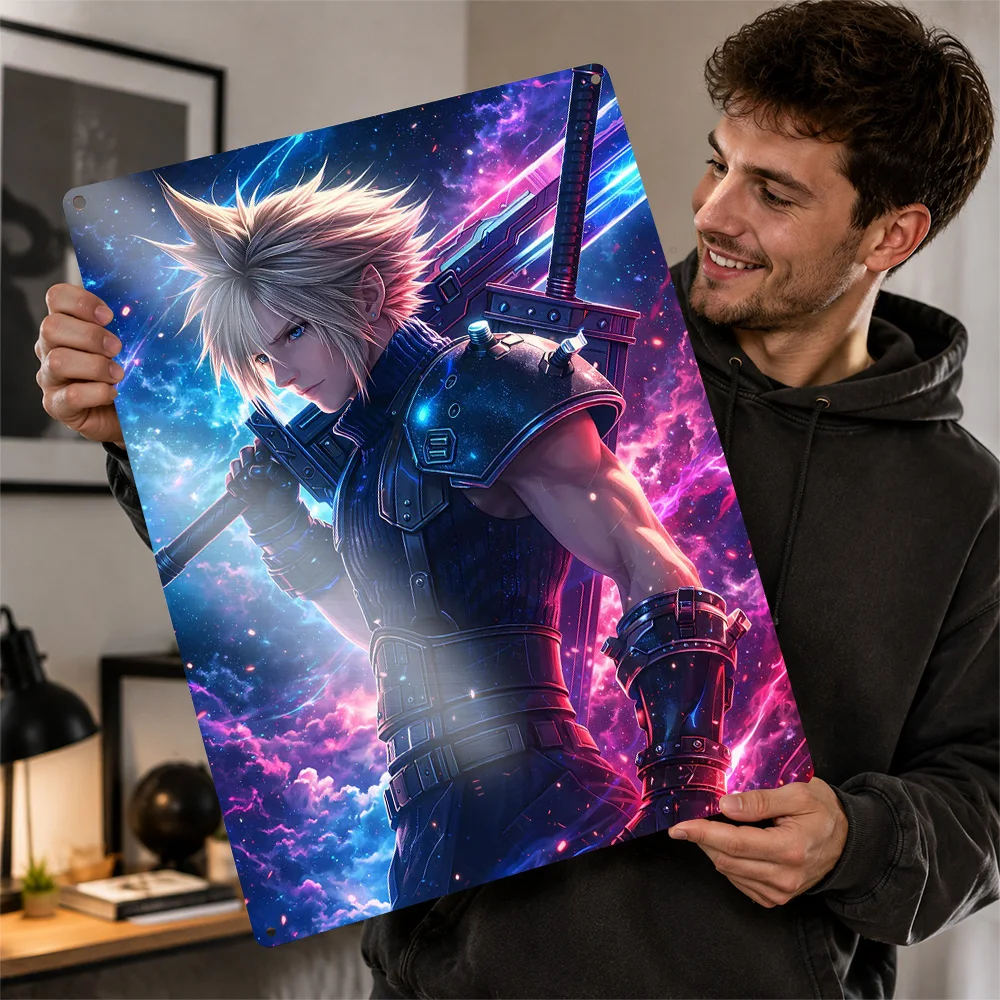 Cloud Strife in Cosmic Background Poster Retro 3D Printed Metal Signs Customized Wall Hanging Gift for Art of Murals Desk Decor