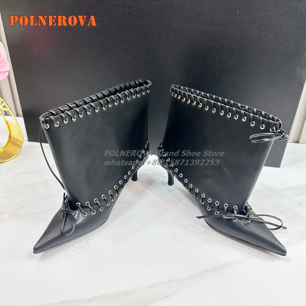 Pointed Toe Rubber Kitten Heel Black Ankle Boots Street Style Eyelets and Whipstitching Solid Fashion Modern Boot New Arrivals