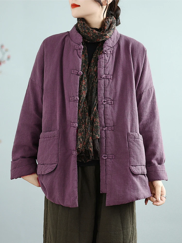 

Chinese Style Women Quilted Parkas 2025 New Autumn Winter Cotton Linen Jackets Vintage Buttons Stand Collar Thick Outerwear Coat