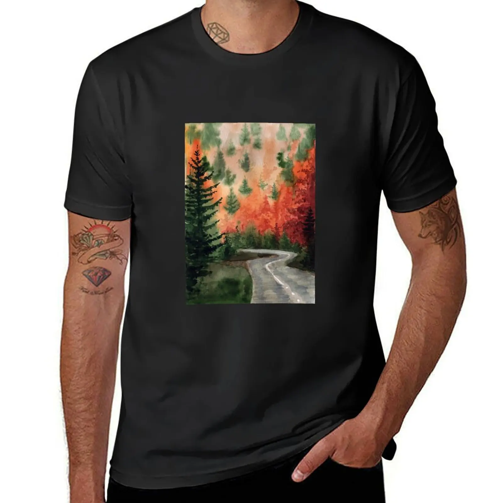 

Hand painted watercolor autumn forest T-Shirt graphics anime kawaii clothes quick drying T-shirt men