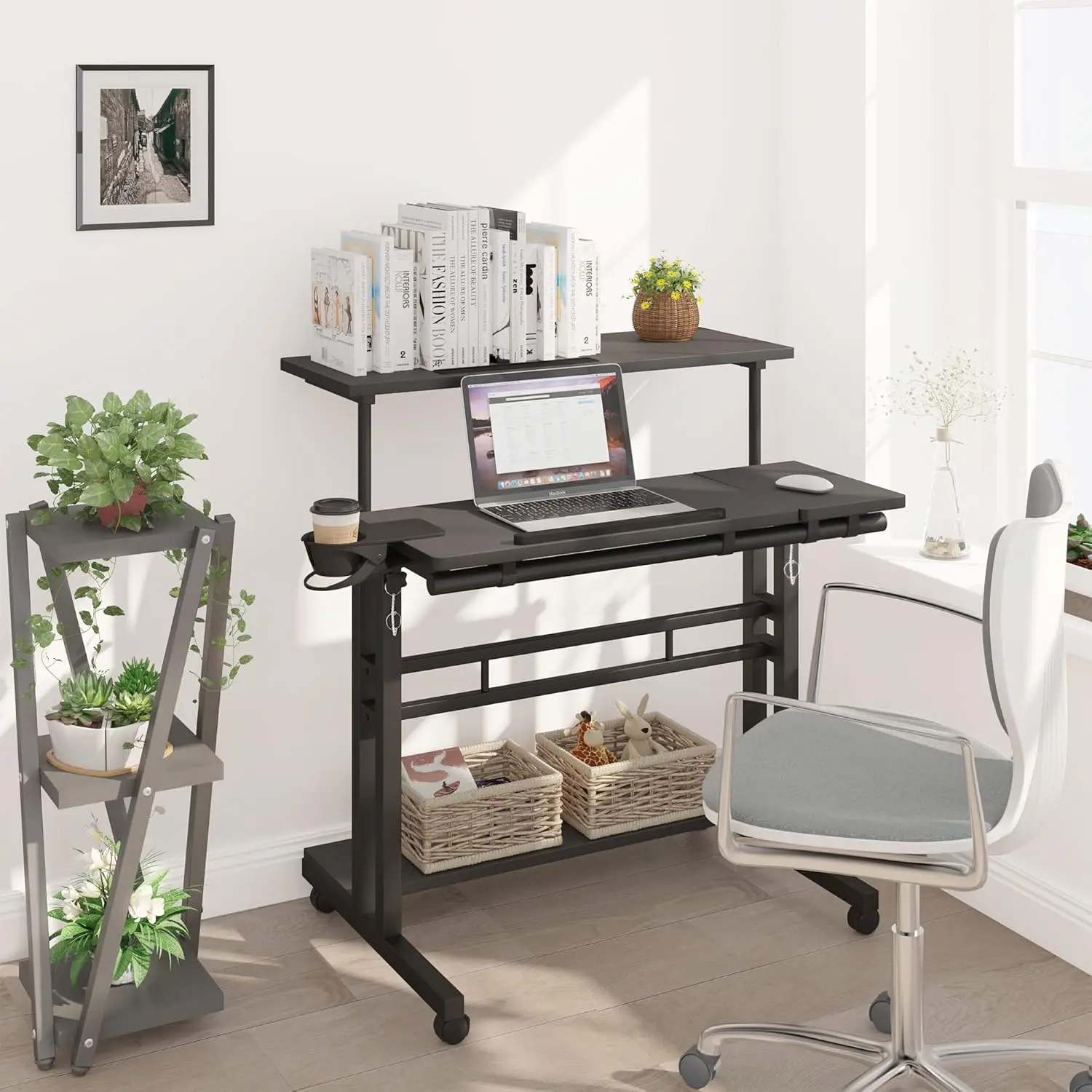 Adjustable Rolling Computer Desk with 3 Desktops, Portable Laptop Table with Cup Holder, Home Office Laptop Workstation