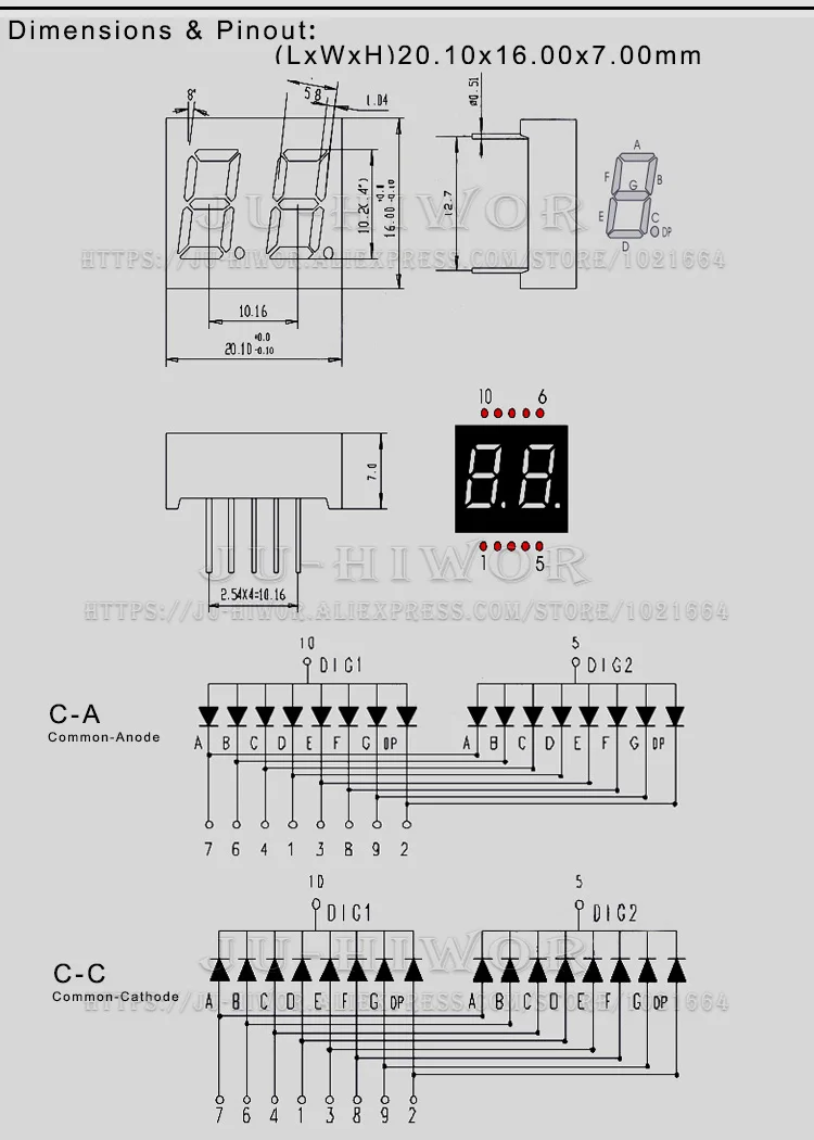 10 Stück 0,4 Zoll 10 Pins C-C 4201ES C-A 4201FS 2 Ziffern Bits 7 Segment Rote LED Digitalanzeige Digitron Gemeinsame Anode Kathode