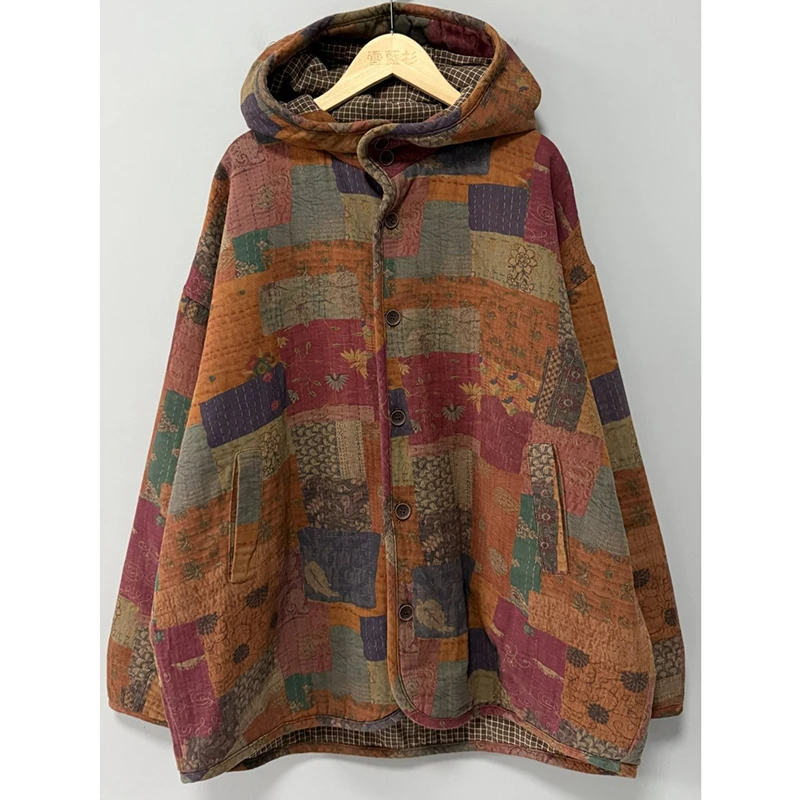 

New Arrival Winter Women Vintage Print Single Breasted Hooded Collar Long Sleeves Parkas Warm Thickened Cotton Casual Coats Y219