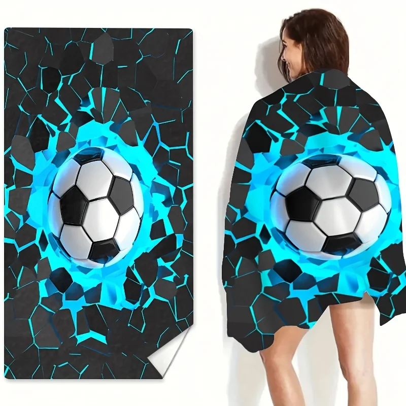 Soccer Ball Breaking Wall Beach Towel 3D Sports Print Soft Quick-Dry Large Bath Towel for Football Fans Gift