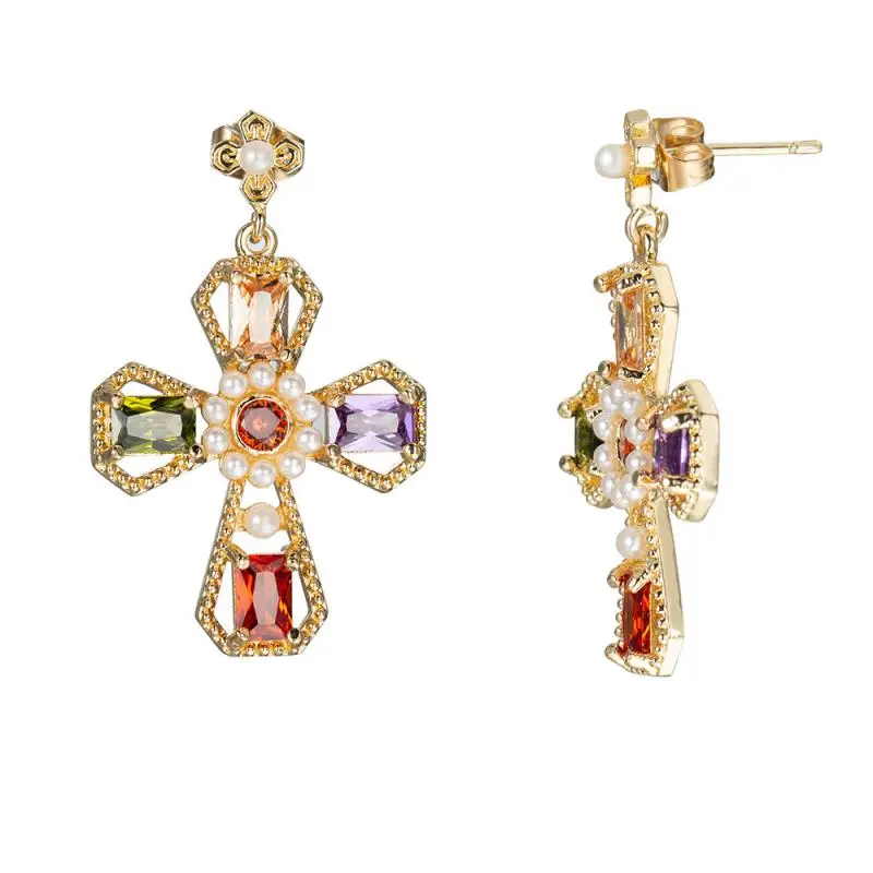 Women\\\'s Dangle Earrings Exquisite Luxury Female Jewelry Gift Multicolor Crystal Cross Earrings with Imitation Pearls