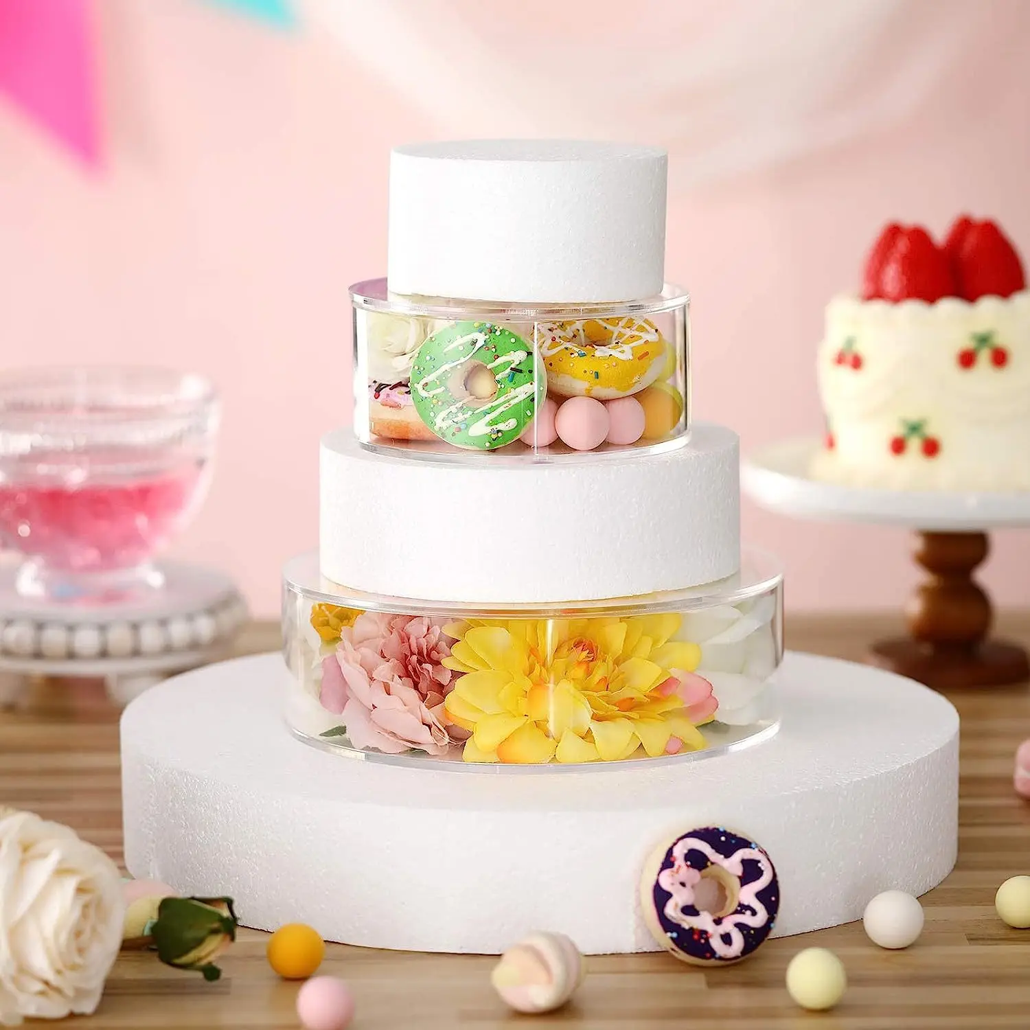 

High 5CM Floating Acrylic Cake Separator Stand Cake Spacer Fillable Goods Clear Cake Tier