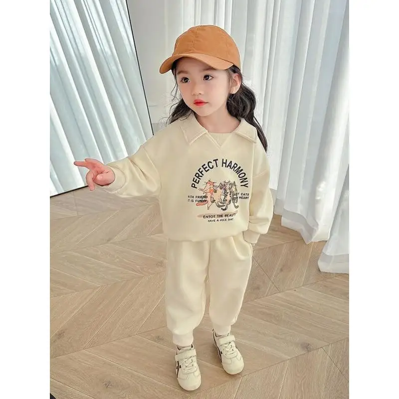Girls Spring Outfit Cute Going Out Set Trendy New Children's Polo Neck Pullover Sweatshirt Sweatpants Two-Piece Set for School