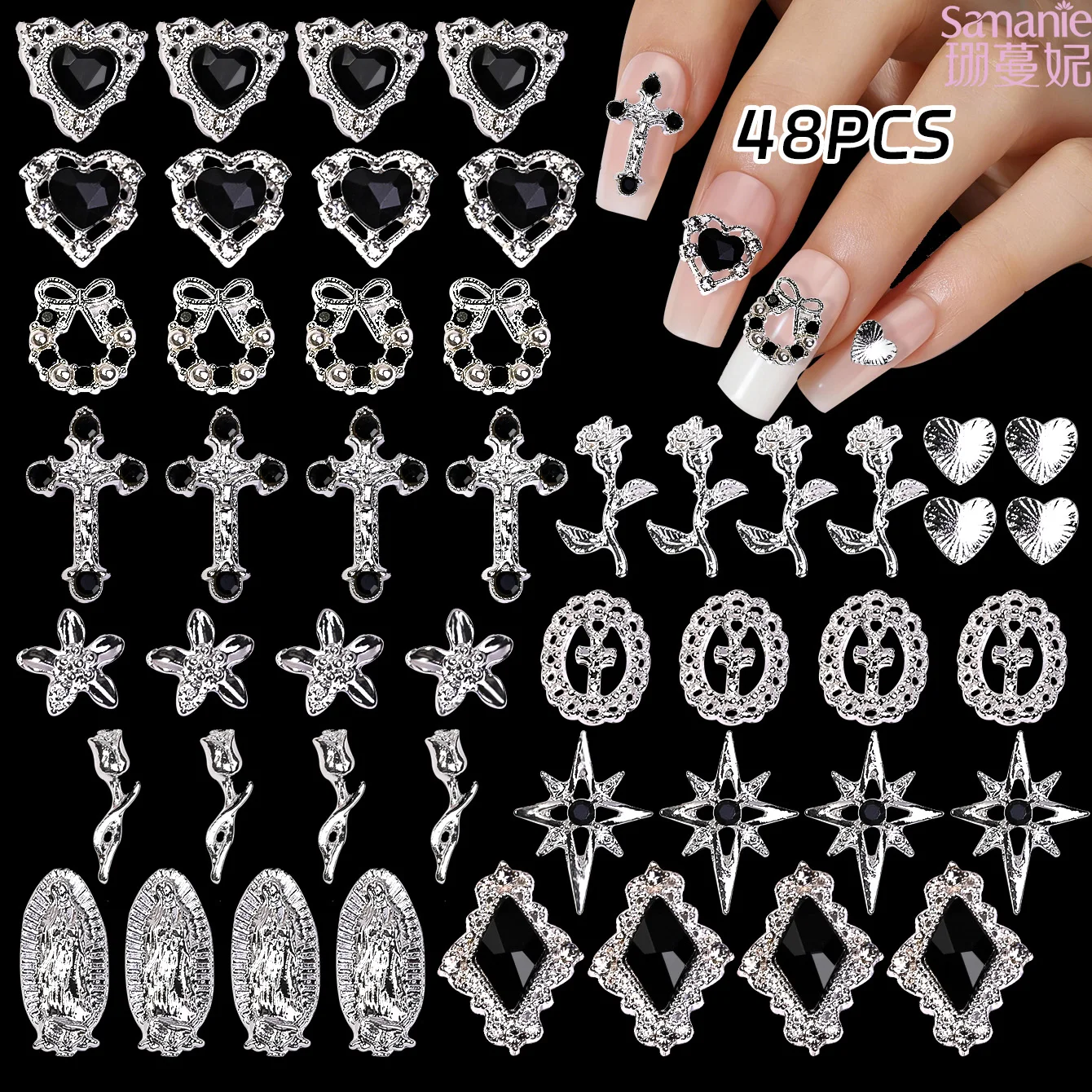 48Pcs Gothic Nail Charms, Silver Alloy Black Rhinestone Nail Art Decorations, Cross Heart Rose Star Nail Gems, Vintage 3D Nail O