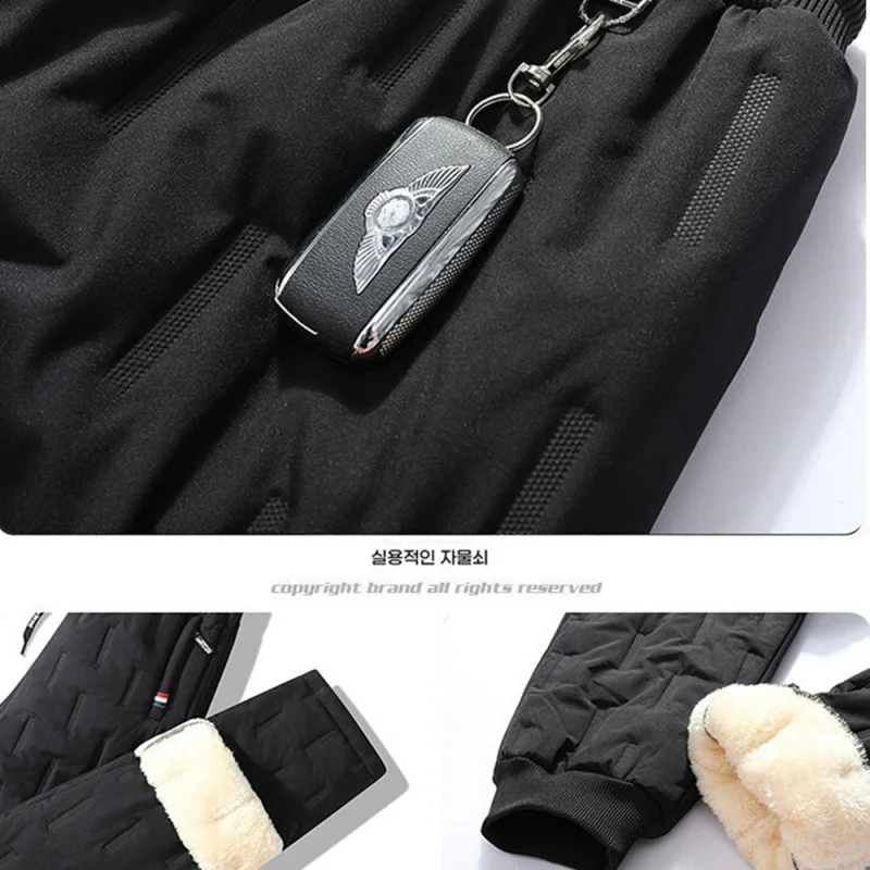 2 قطعة مجموعة رجل السراويل الشتاء رشاقته ملابس للرجال عادية مطاطا حزام البضائع الأسود فضفاض دافئ ومقاوم للرياح 2025 المراهقين