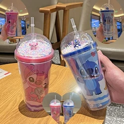 450ML Disney Lilo & Stitch Angel Couple Cartoon Double Layer Plastic Water Cup Drink Straw Mugs Portable Gift for Boy Girl Gift